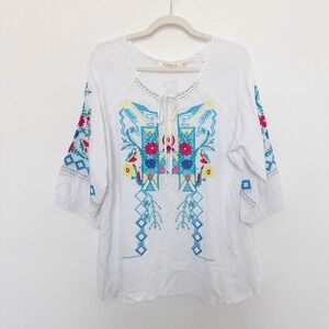 Solitaire Womens Blouse Size XL White Embroidered Boho‎ Peasant Lagenlook Artsy